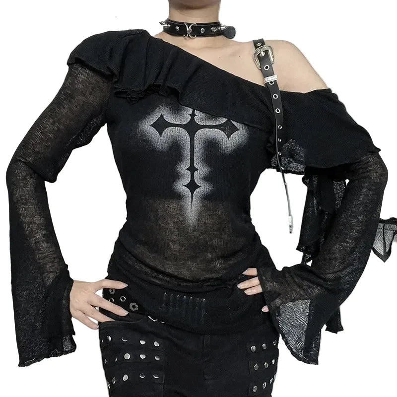 Women's Black Off-Shoulder Cross Graphic Blouse - primary photo, shown with a person (1 of 3)