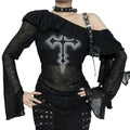 Women's Black Off-Shoulder Cross Graphic Blouse - primary photo, shown with a person (1 of 3)