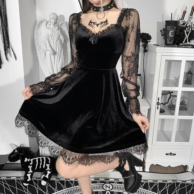 Black Velvet Scalloped-Lace Mini Dress