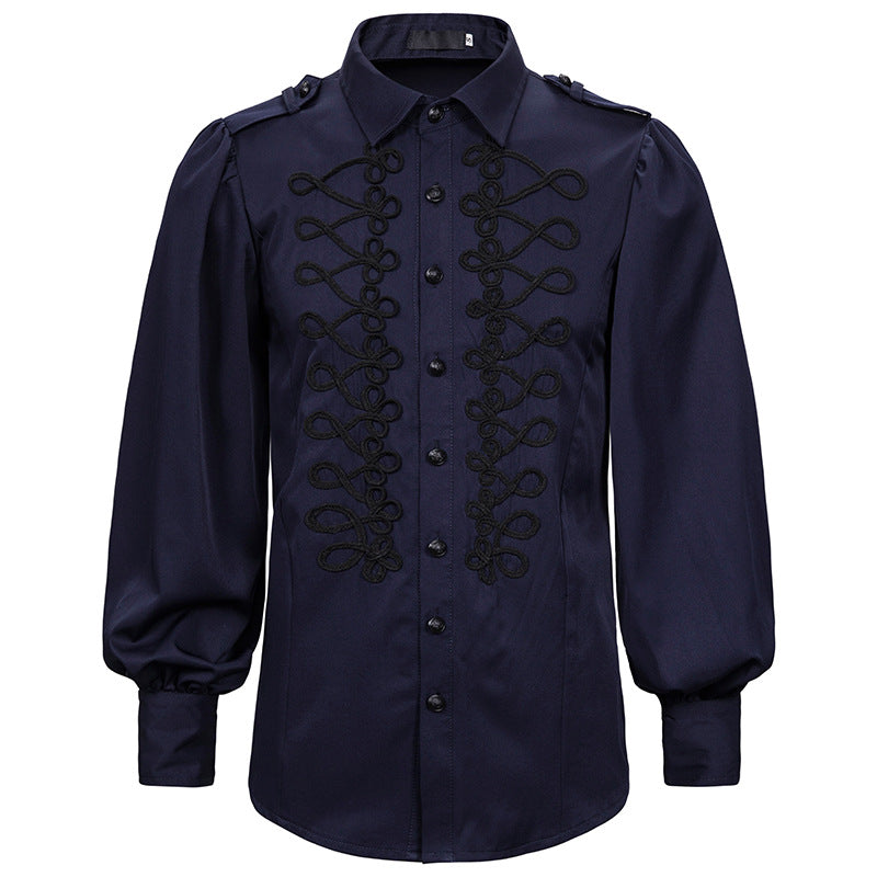 Men's Black Red Blue Frogged Bishop Shirt - alternate studio view (6 of 7)