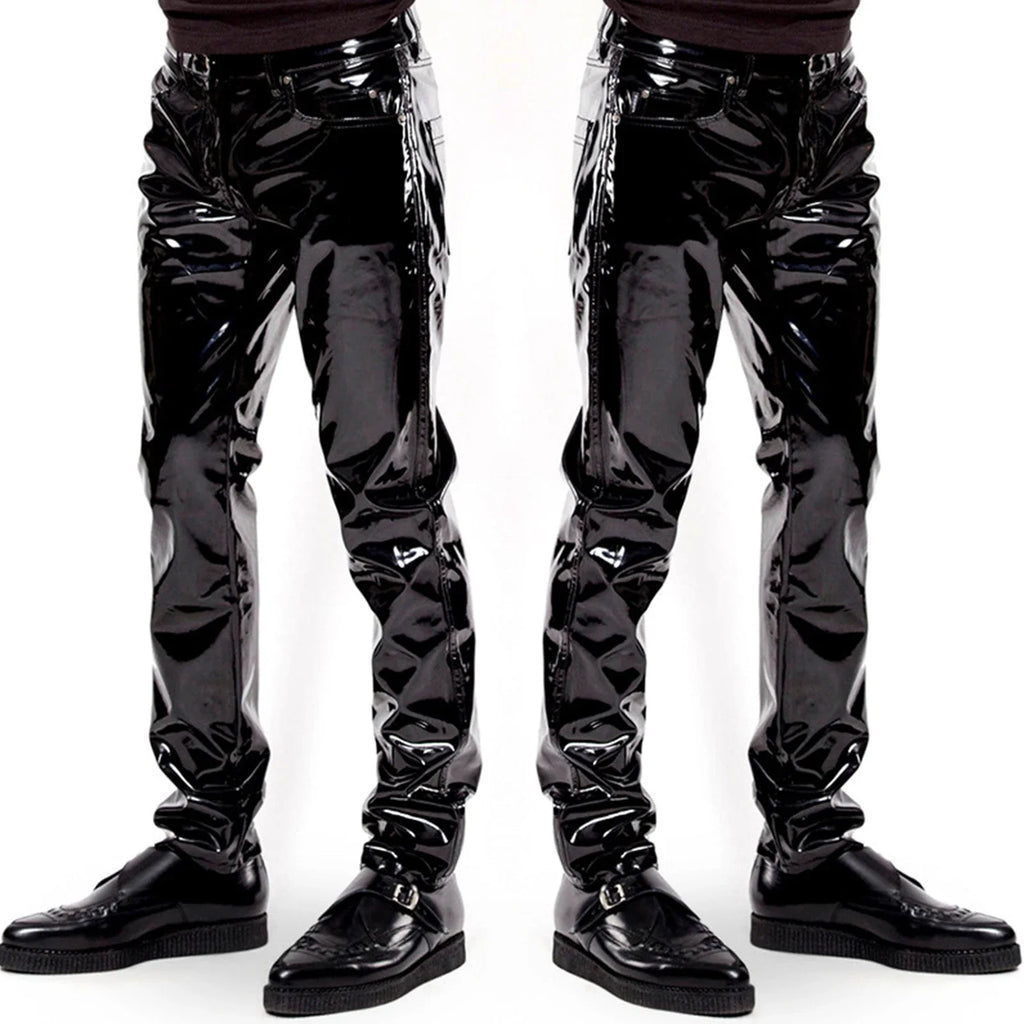 Men Latex Long Pants Shiny Wet Look PU Leather Pants Glossy Mid Waist Straight Trousers Party Bar Nightclub Stage Show Costume - Creepy Goth