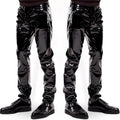Men Latex Long Pants Shiny Wet Look PU Leather Pants Glossy Mid Waist Straight Trousers Party Bar Nightclub Stage Show Costume - Creepy Goth
