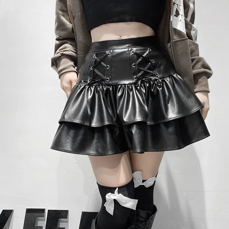 Gothic Leather Skirt - alternate view, shown with a person (2 of 3)