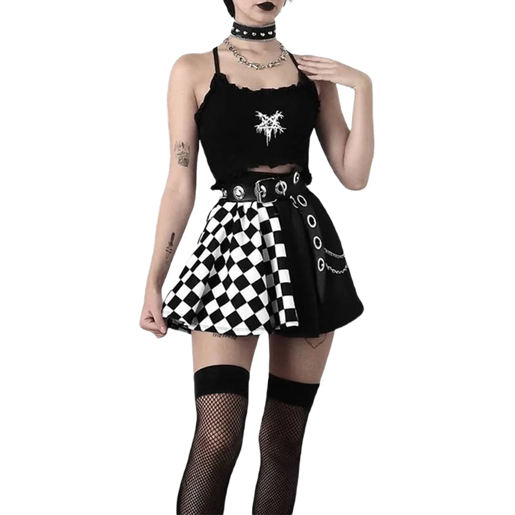 Black Checkerboard Asymmetric Mini Skirt