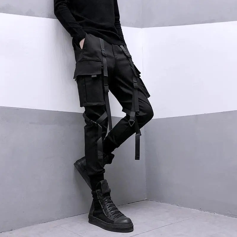 Black Multi-Strap Tapered Cargo Joggers