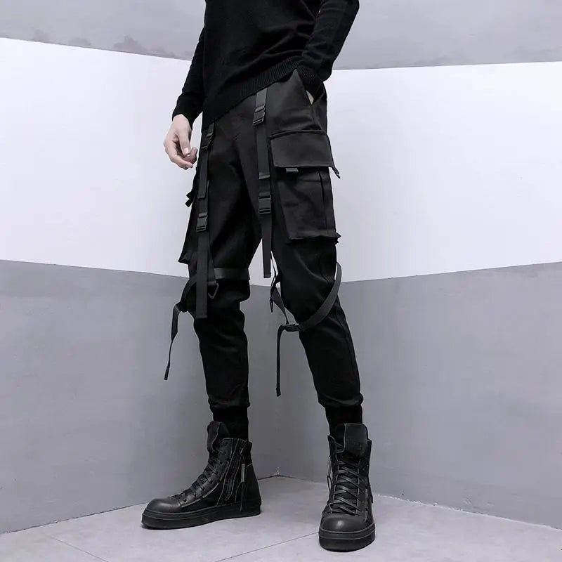 Black Multi-Strap Tapered Cargo Joggers
