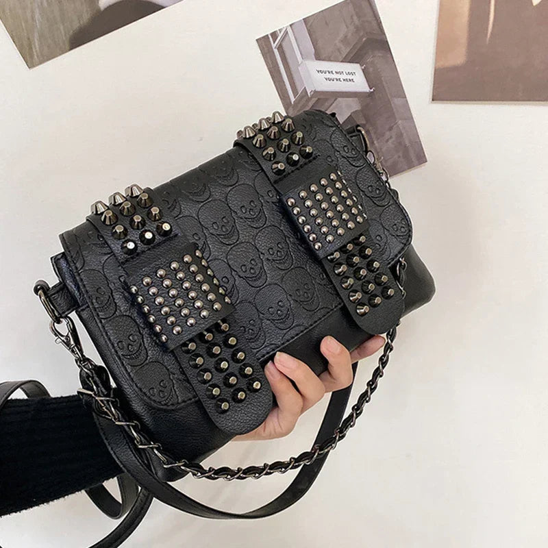 Black Skull-Print Studded Flap Bag