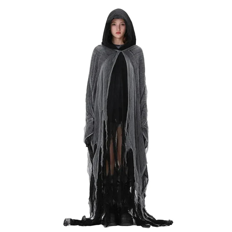 Women's Ripped Hooded Cape Black - front studio view (1 of 6)