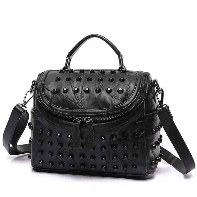 Women's Black Studded Genuine Leather Shoulder Bag - front studio view (1 of 2)