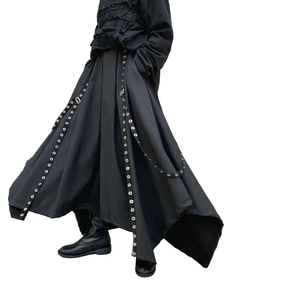 Men's Black Grommet Strap Wide Harem Pants - front studio view (1 of 3)