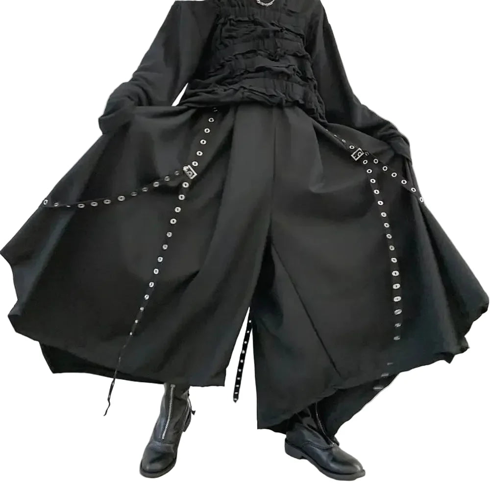 Black Grommet Strap Wide Harem Pants
