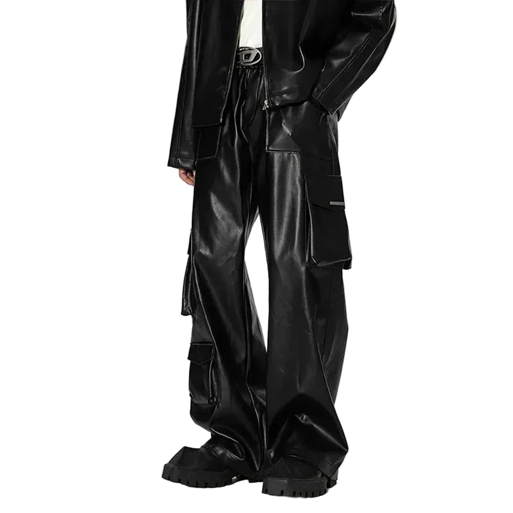Men's Black Faux Leather Wide-Leg Cargo Pants - primary lifestyle photo (1 of 3)