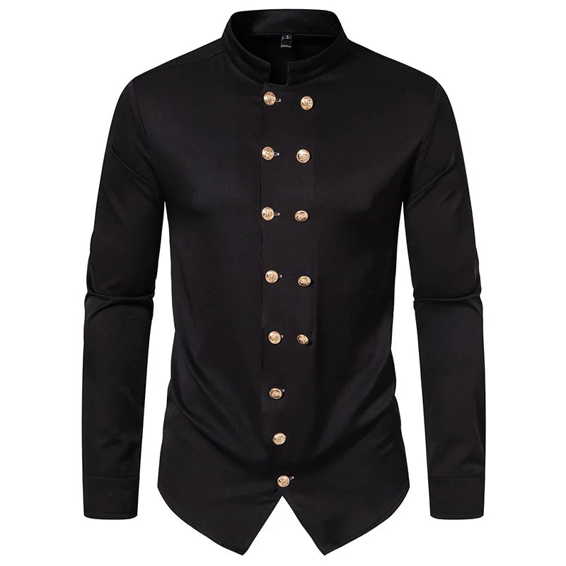 Men's Black Gold-Button Mandarin Collar Shirt - alternate studio view (3 of 3)
