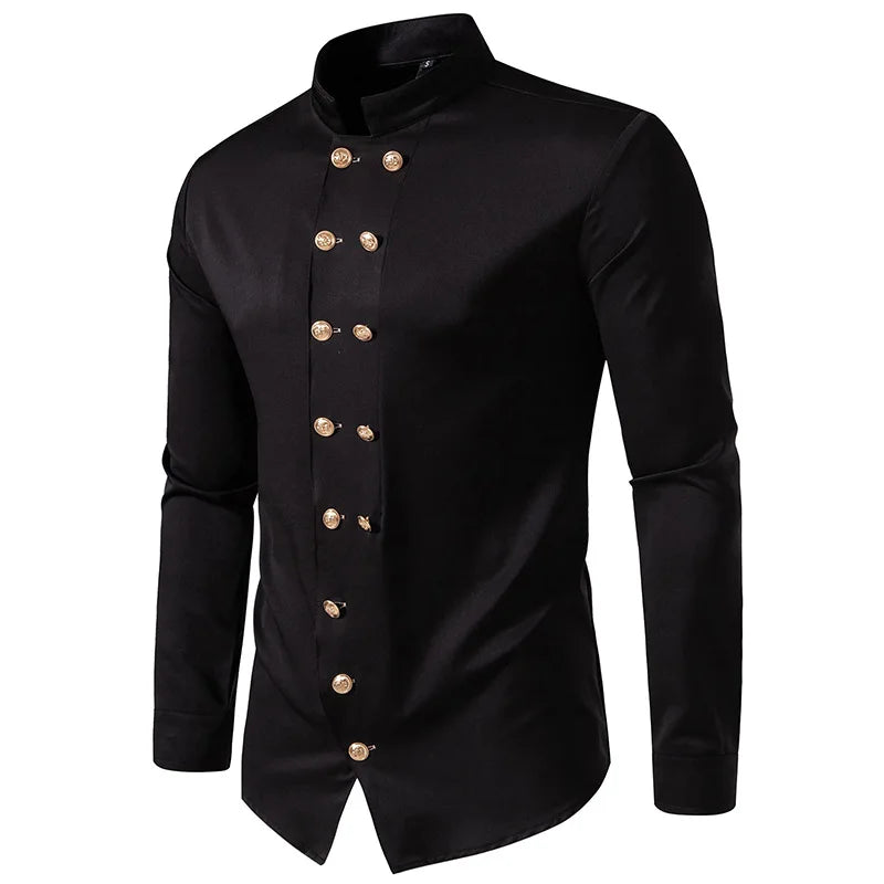 Black Gold-Button Mandarin Collar Shirt