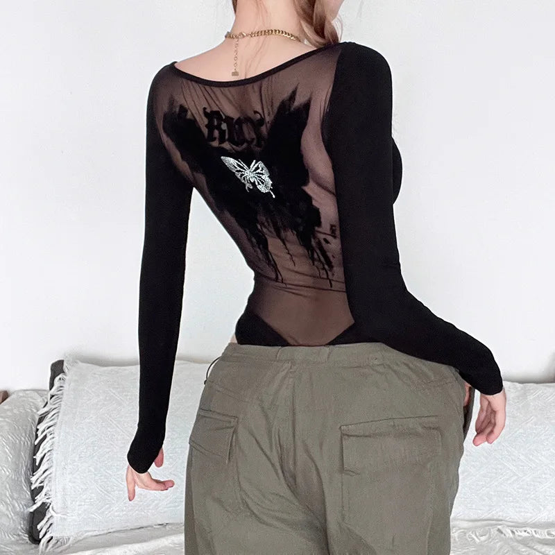 Black Mesh Butterfly-Back Bodysuit