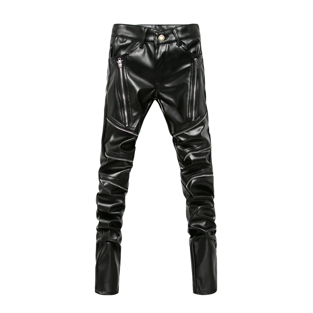 Men's Black Faux Leather Multi-Zip Slim Pants - front studio view (1 of 3)