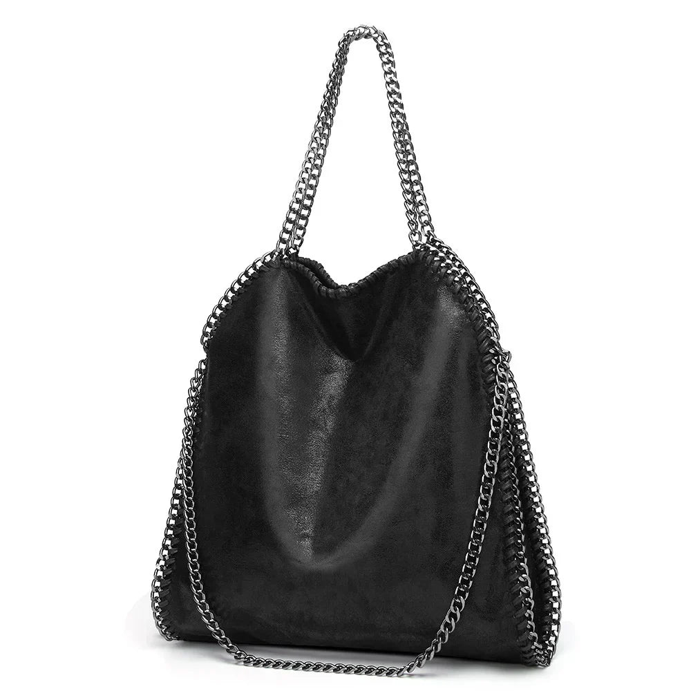 Black Faux Suede Chain Fold-Over Bag