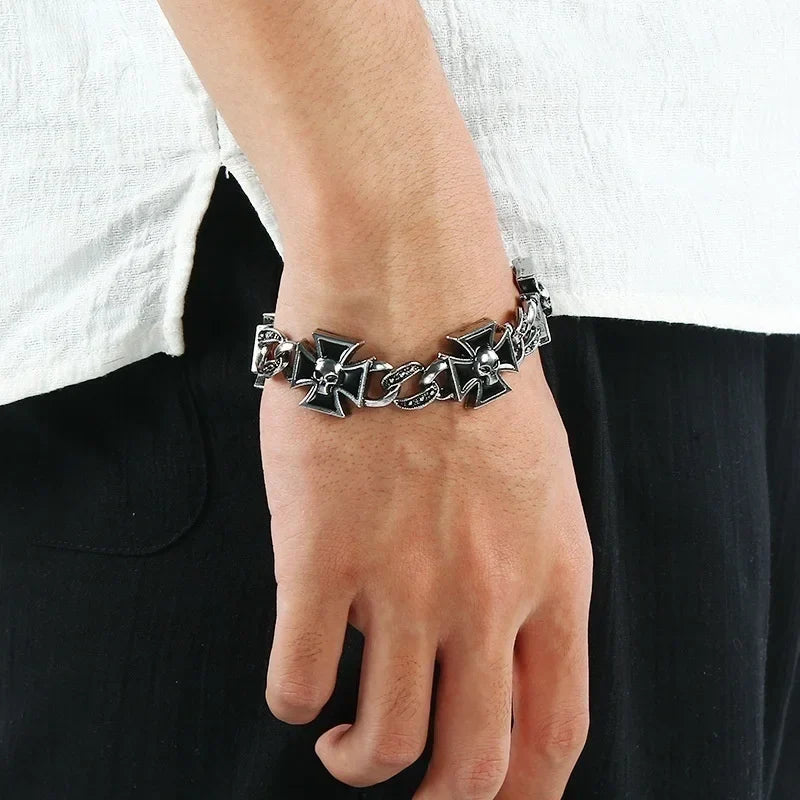 Silver Cross Skull Link Bracelet