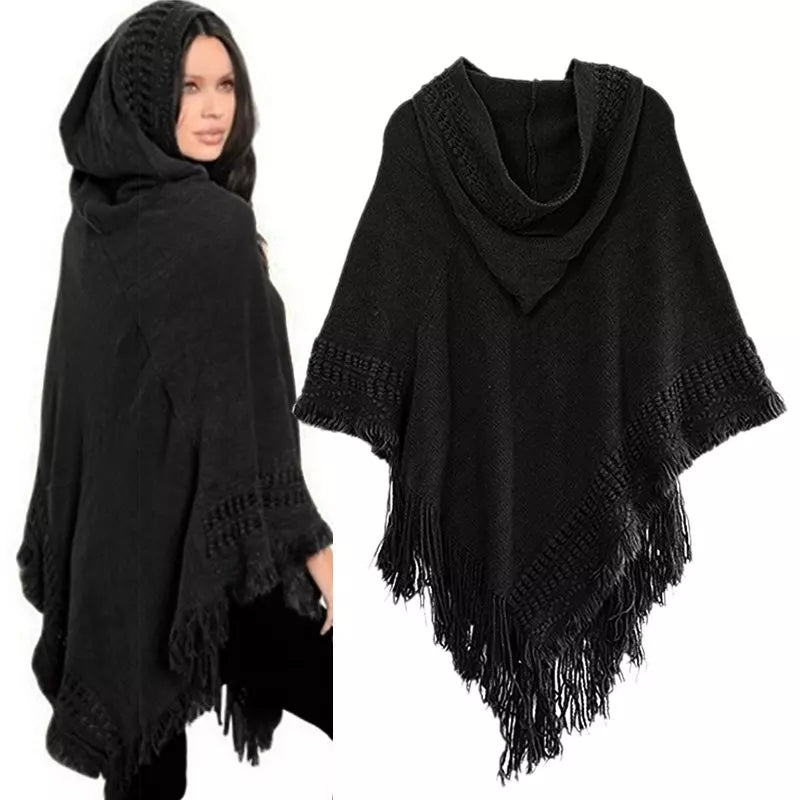 Black Hooded Knit Fringe Poncho
