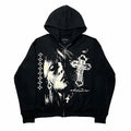 Men's Black Distressed Portrait Zip Hoodie - front studio view