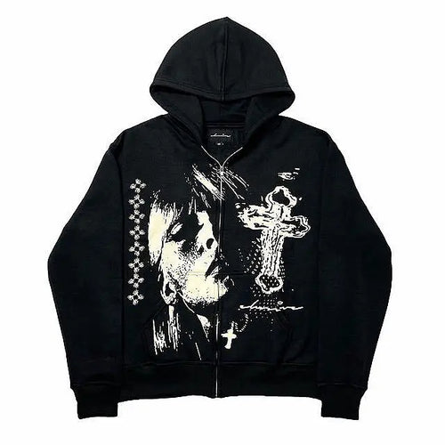 Men's Black Distressed Portrait Zip Hoodie - front studio view