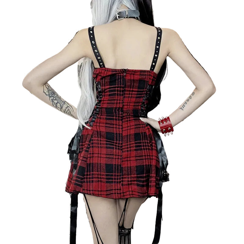 Red Plaid Side-Lace Mini Dress