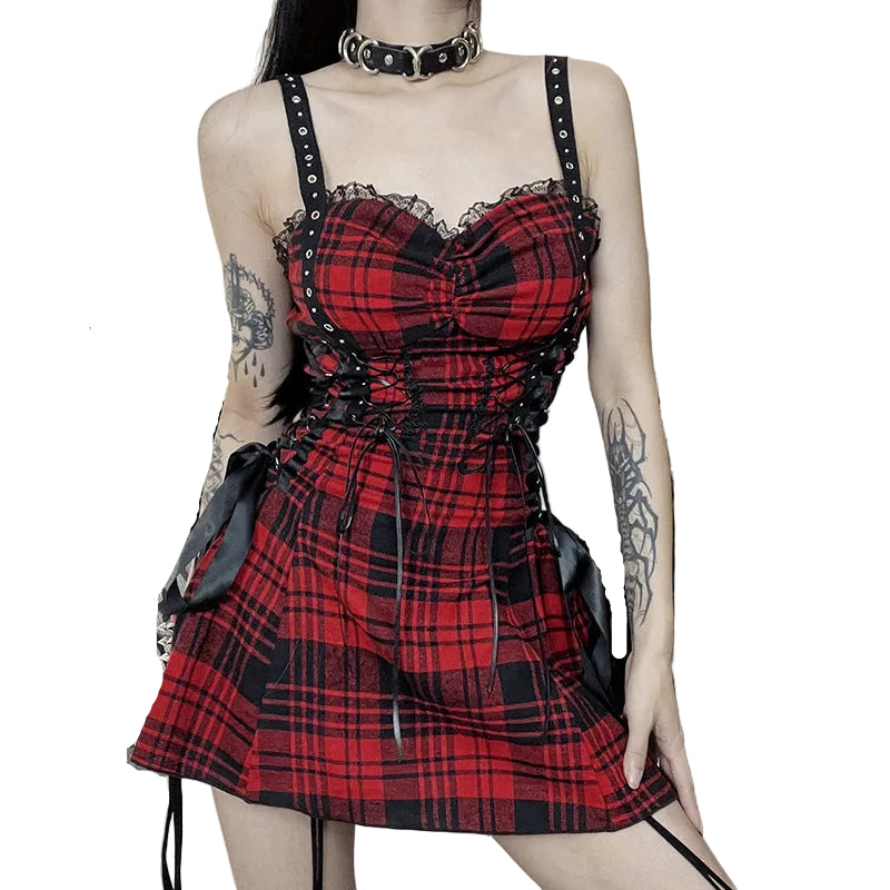 Red Plaid Side-Lace Mini Dress