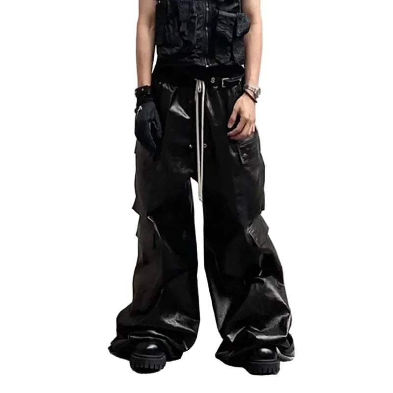Men's Black Faux Leather Drop-Crotch Cargo Pants - primary lifestyle photo (1 of 2)
