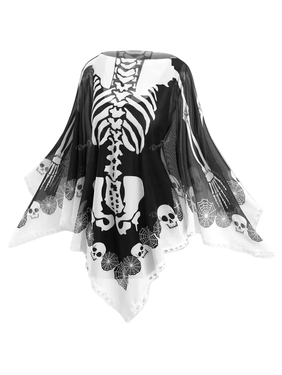 Women's Black Skeleton Print Chiffon Cape - front studio view (1 of 2)