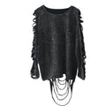 Grey Acid-Wash Shredded Long Sleeve Top