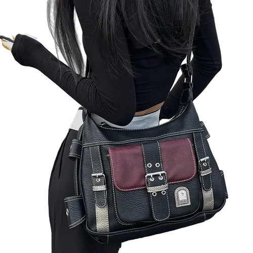 Women's Black Burgundy Buckle Utility Bag - primary photo, shown with a person (1 of 3)