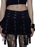 Women's Black Ruffle Grommet-Strap Mini Skirt - primary photo, shown with a person (1 of 2)