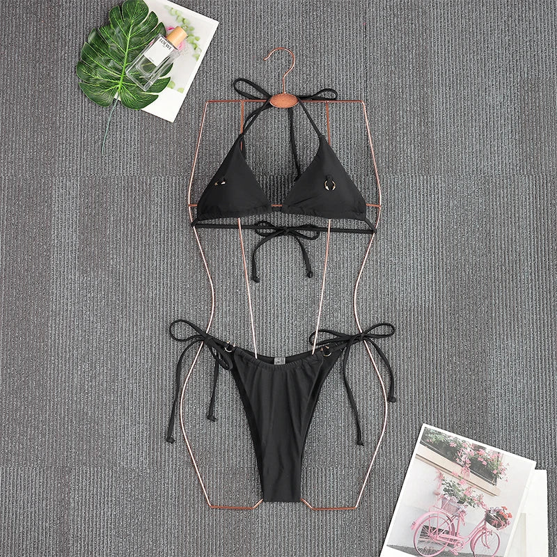 2026 Sexy Halter Solid Color Bikini Set Women's Swimsuit Two-piece Triangle Thong Swimwear Beach Bathing Suit Brazilian Biquinis - Creepy Goth