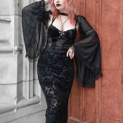 Women's Black Flocked Rose Bell-Sleeve Maxi Dress - primary photo, shown with a person (1 of 3)