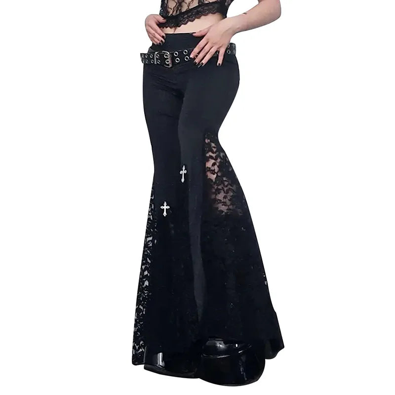 Goth Mall Flare Pants Sexy Black Lace Patchwork High Waist Vintage Harajuku Hippie Punk Grunge Streetwear  Y2k Pants - Creepy Goth