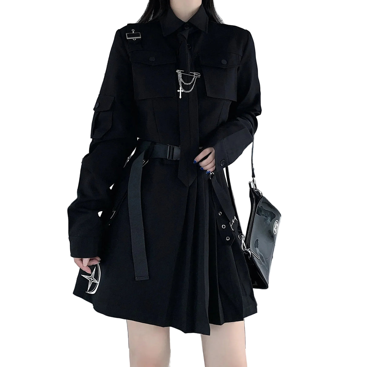 Women's Black Pleated Shirt Mini Dress - primary lifestyle photo (1 of 3)
