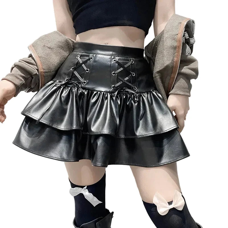 Black Lace-Up Ruffle Mini Skirt