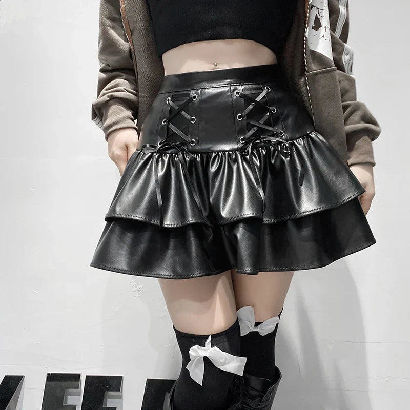 Black Lace-Up Ruffle Mini Skirt