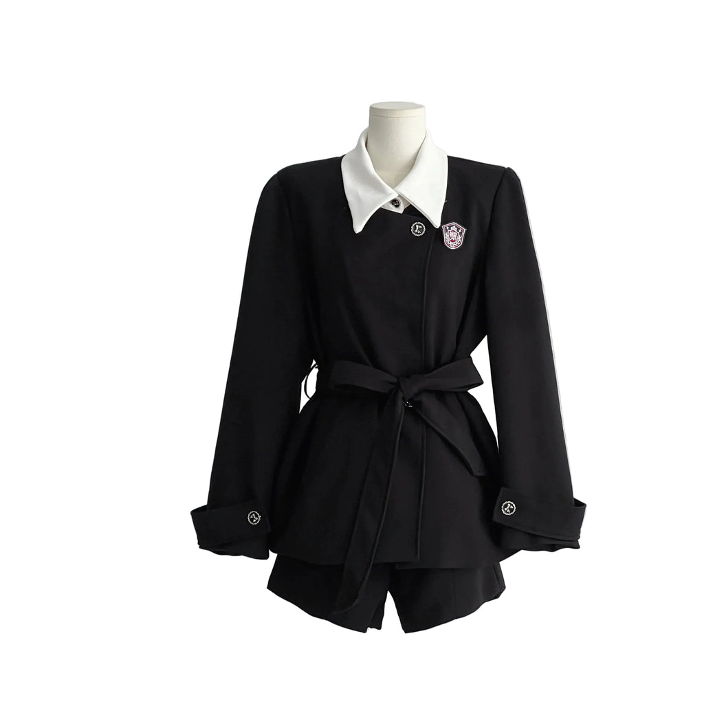 Women's Black White-Collar Jacket and Shorts Set - front studio view (1 of 2)
