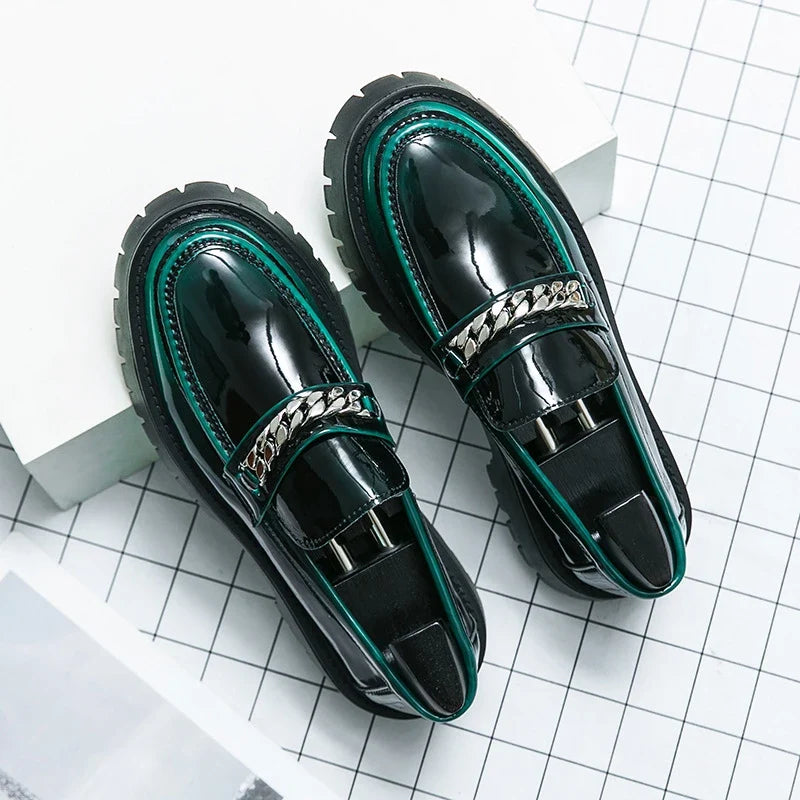 New Men's Big-Head Leather Shoes Thick-Soled High-Rise Patent Leather Glossy Casual Thick-Heeled Loafer Hairstylist Trendy Shoes - Creepy Goth