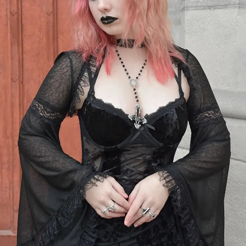 Black Flocked Rose Bell-Sleeve Maxi Dress