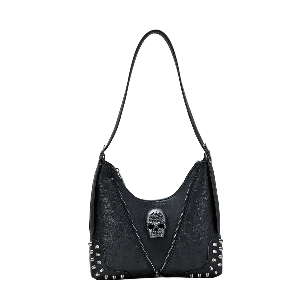 Women's Black Skull Hardware Hobo Bag - front studio view (1 of 4)