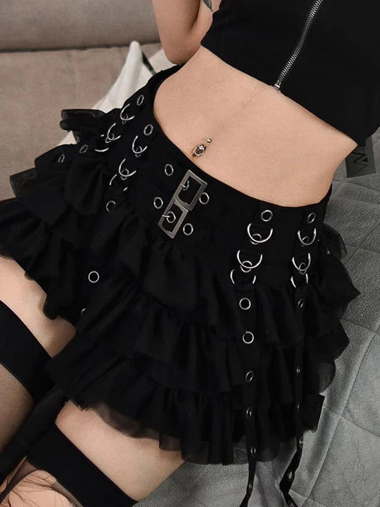 Black Ruffle Grommet-Strap Mini Skirt
