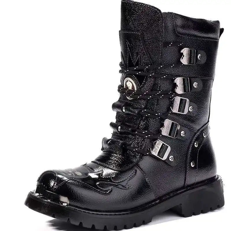 Men Motorcycle Boots Fashion Mid-Calf Punk Rock Punk PU Leather Black High Top Mens Casual Boot Steel Toe Shoes Big Size 38-46 - Creepy Goth