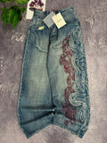 American New Fashion Oversized Pattern Printed Washed Jeans Men Y2K Gothic Rock Popular Casual Joker High Waist Wide Leg Pants - Creepy Goth