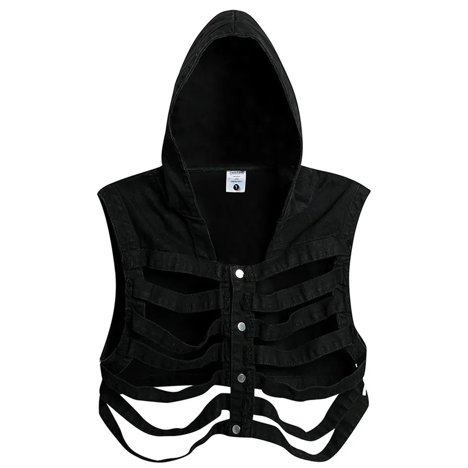 Skeleton Hooded Denim Vest - front studio view (1 of 4)