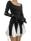 Women's Black White Ribbon Godet Mini Dress - front studio view (1 of 2)