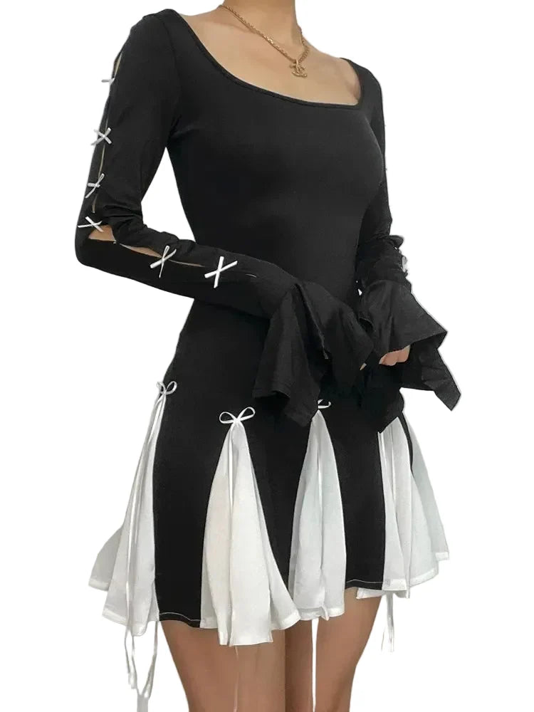 Women's Black White Ribbon Godet Mini Dress - front studio view (1 of 2)