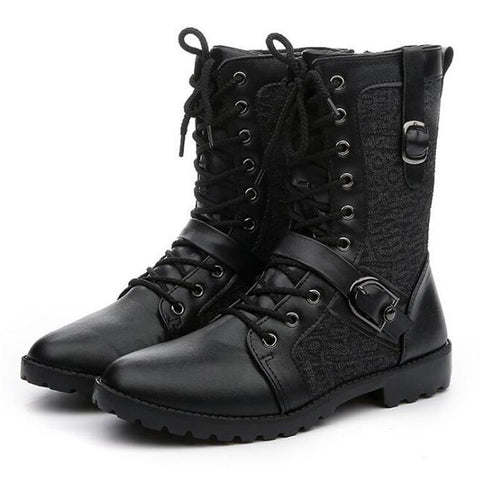 Men's Black Faux Leather Combat Boots - front studio view (1 of 5)