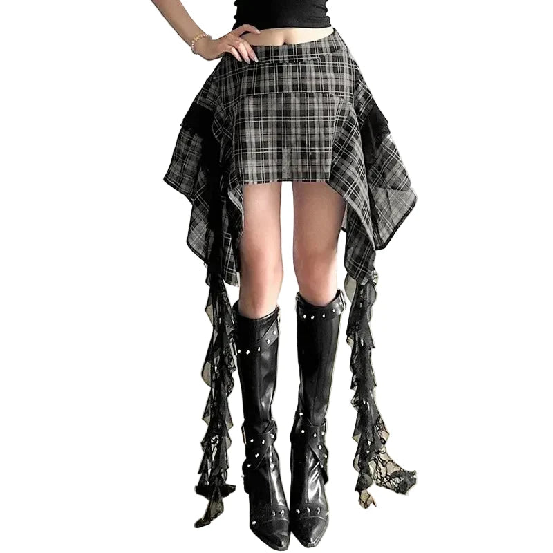 Women's Grey Plaid Asymmetric Lace Mini Skirt - primary photo, shown with a person